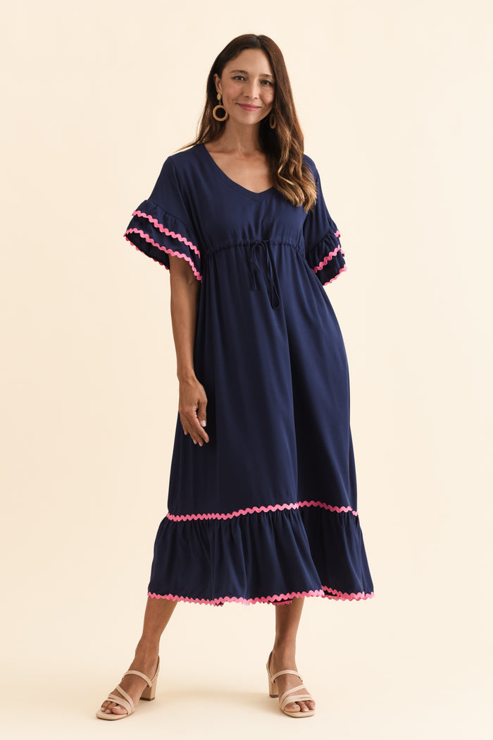 Rosemarie Navy Contrast Frill Dress,Brunette model,alt text|model:Cara