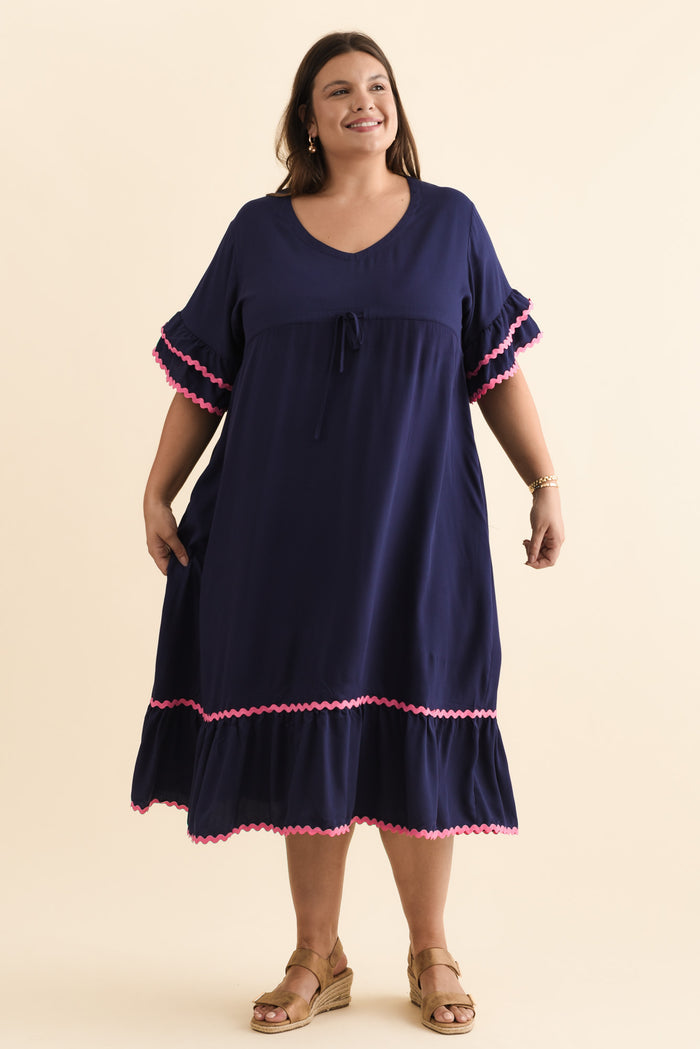 Rosemarie Navy Contrast Frill Dress,Brunette model,alt text|model:Gabby