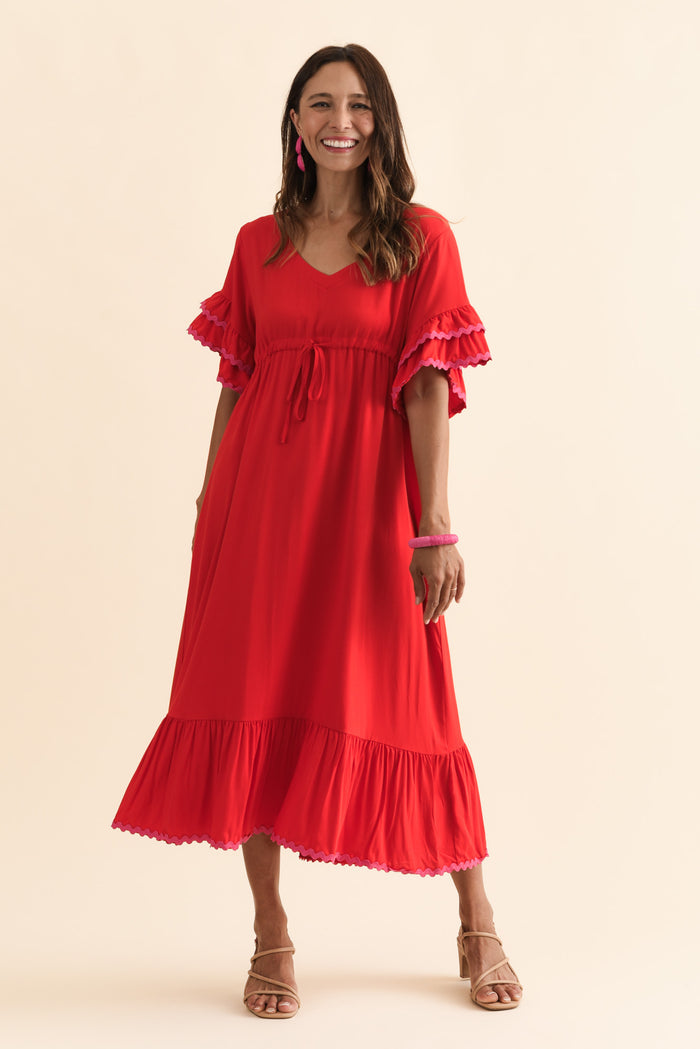 Rosemarie Red Contrast Frill Dress,Brunette model,alt text|model:Cara