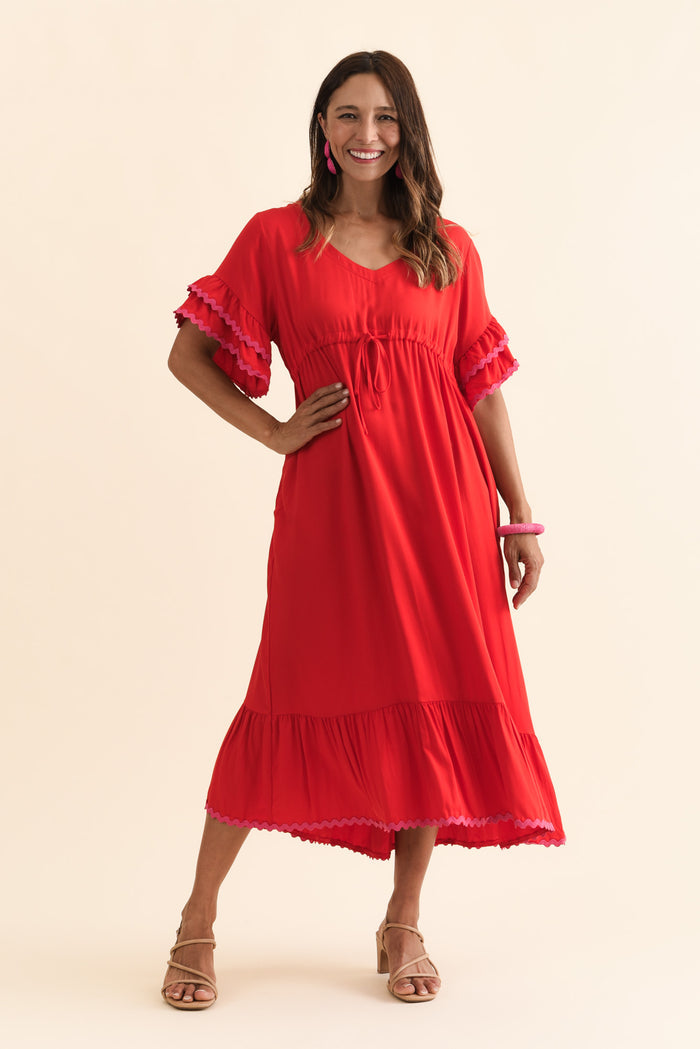 Rosemarie Red Contrast Frill Dress,Brunette model,alt text|model:Cara