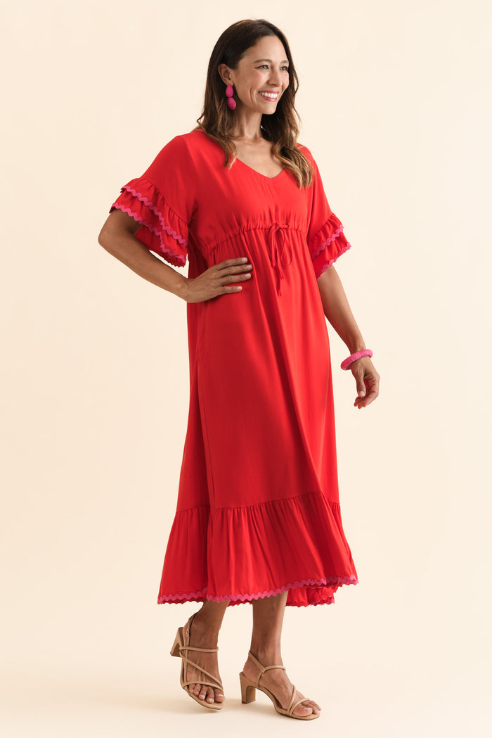 Rosemarie Red Contrast Frill Dress,Brunette model,alt text|model:Cara