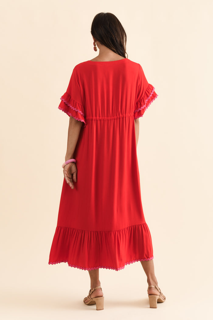 Rosemarie Red Contrast Frill Dress,Brunette model,alt text|model:Cara