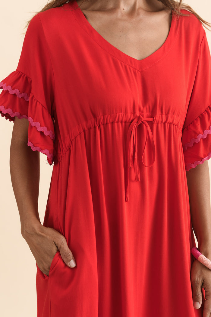 Rosemarie Red Contrast Frill Dress,Brunette model,alt text|model:Cara