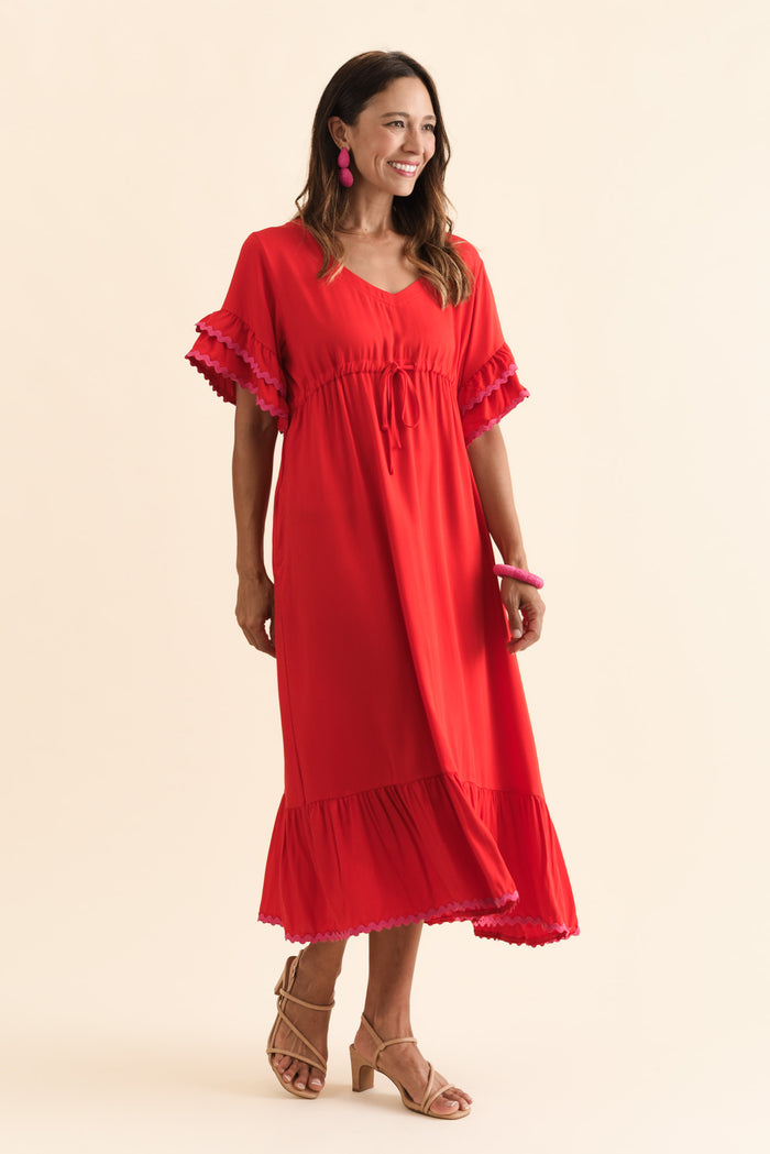 Rosemarie Red Contrast Frill Dress,Brunette model,alt text|model:Cara