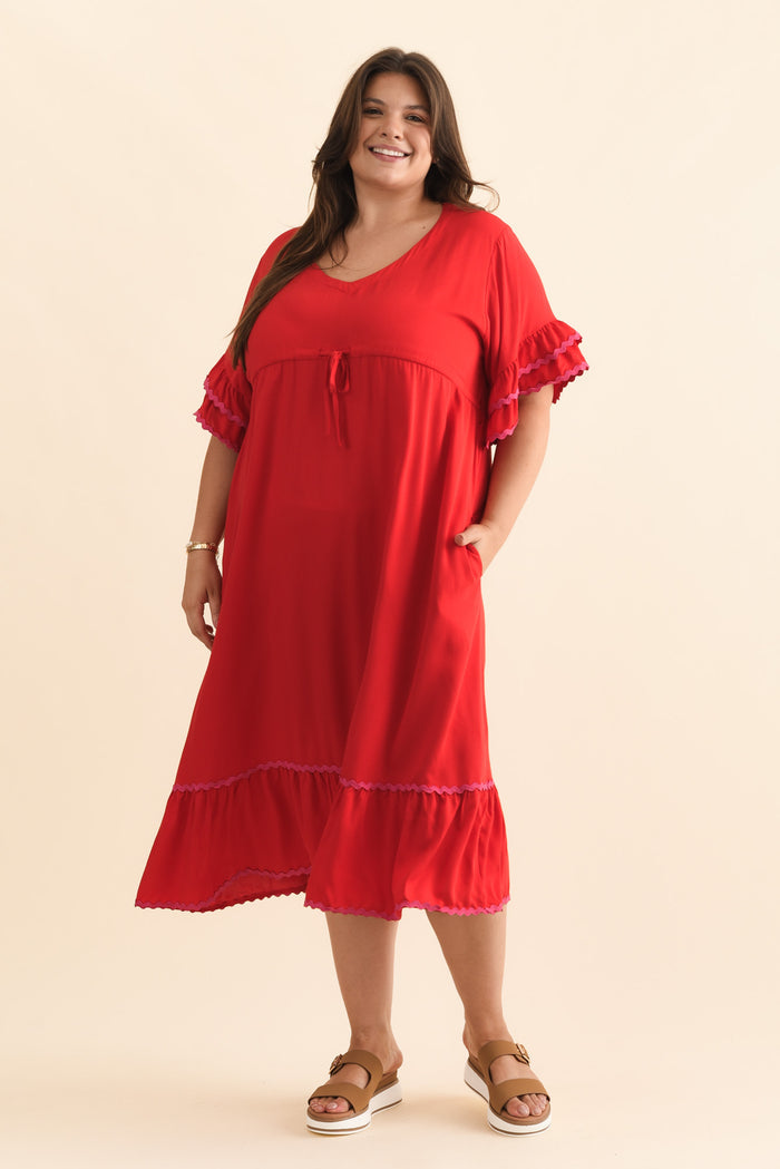 Rosemarie Red Contrast Frill Dress,Brunette model,alt text|model:Gabby