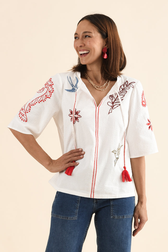 Rosetta White Garden Cotton Embroidered Top,Front,Brunette model,alt text|model:Cara