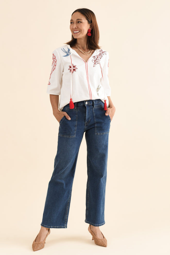 Rosetta White Garden Cotton Embroidered Top,Full Body,Brunette model,alt text|model:Cara