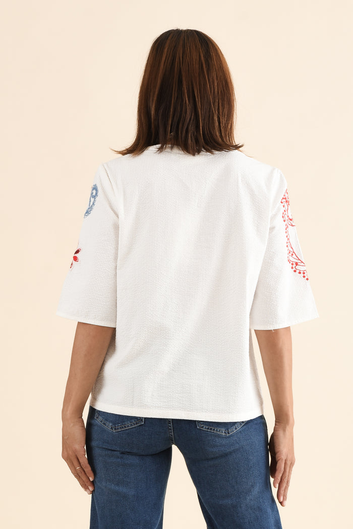Rosetta White Garden Cotton Embroidered Top,Back,Brunette model,alt text|model:Cara