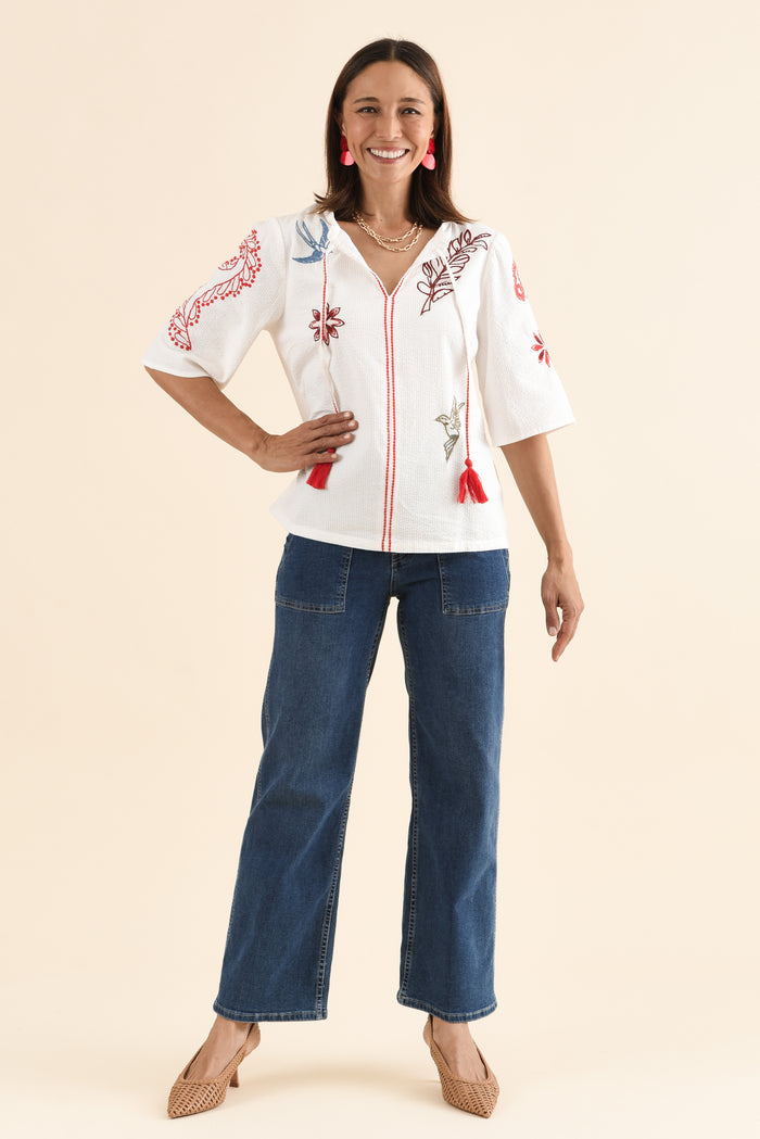 Rosetta White Garden Cotton Embroidered Top,Full Body,Brunette model,alt text|model:Cara