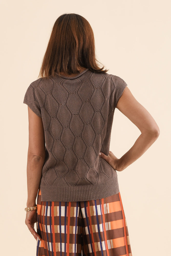 Rosin Chocolate Cable Knit Top,Back,Brunette model,alt text|model:Cara