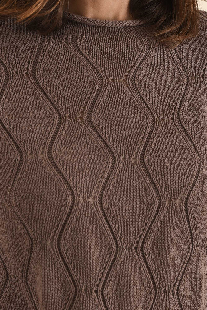 Rosin Chocolate Cable Knit Top,Detail,Brunette model,alt text|model:Cara
