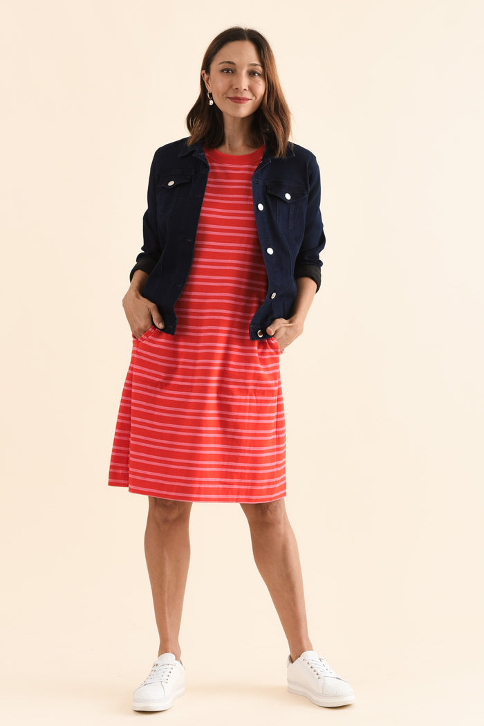 Rouge Red Stripe Cotton Tee Dress,Front,Brunette model,alt text|model:Cara
