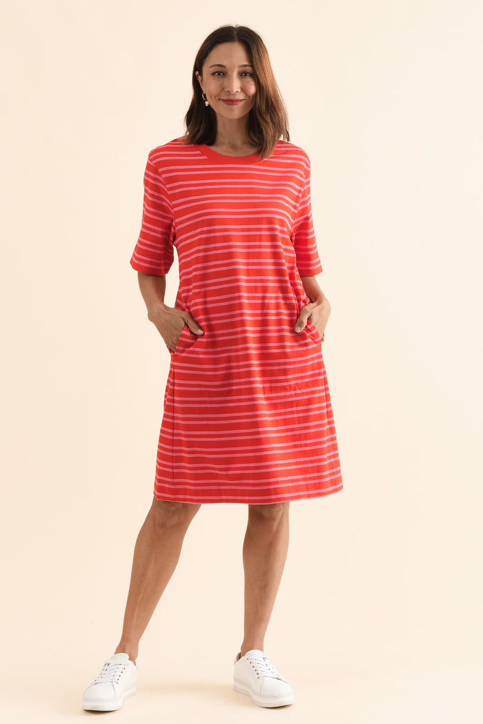 Rouge Red Stripe Cotton Tee Dress,Full Body,Brunette model,alt text|model:Cara