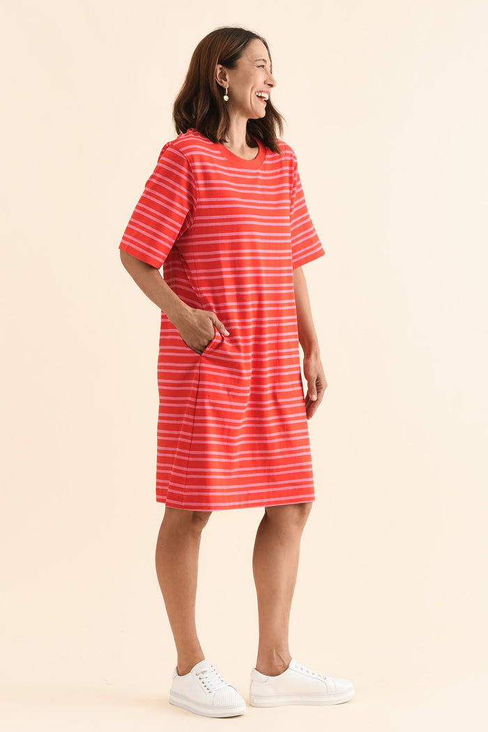 Rouge Red Stripe Cotton Tee Dress,Side,Brunette model,alt text|model:Cara