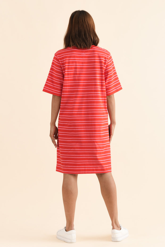 Rouge Red Stripe Cotton Tee Dress,Back,Brunette model,alt text|model:Cara