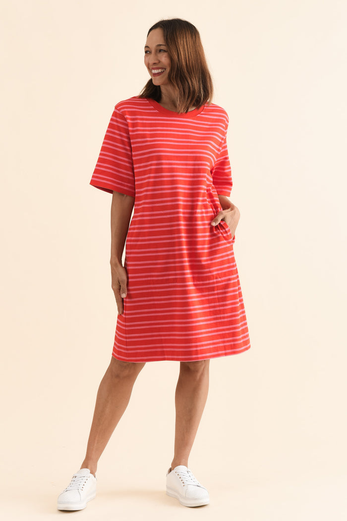 Rouge Red Stripe Cotton Tee Dress,Full Body,Brunette model,alt text|model:Cara