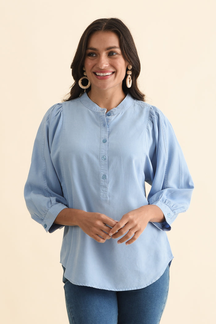 Rowan Blue Lyocell Puff Sleeve Shirt,Brunette model,alt text|model:Brontie