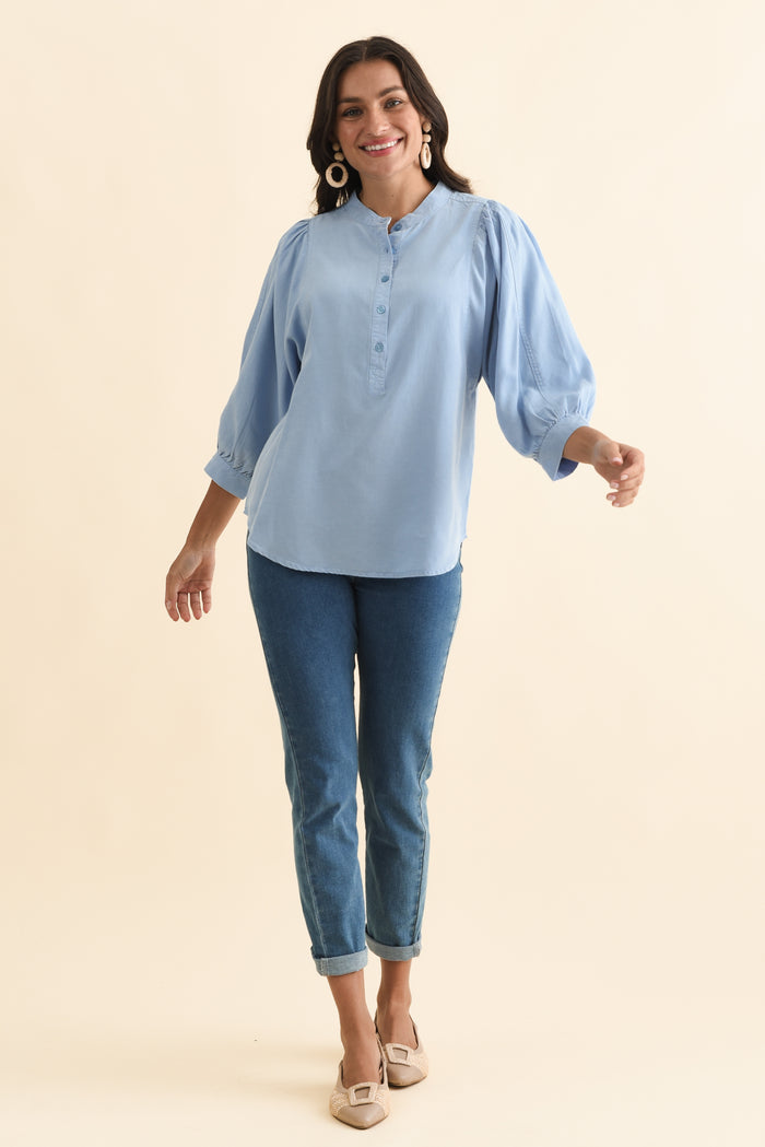 Rowan Blue Lyocell Puff Sleeve Shirt,Brunette model,alt text|model:Brontie