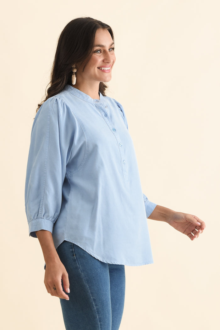 Rowan Blue Lyocell Puff Sleeve Shirt,Brunette model,alt text|model:Brontie