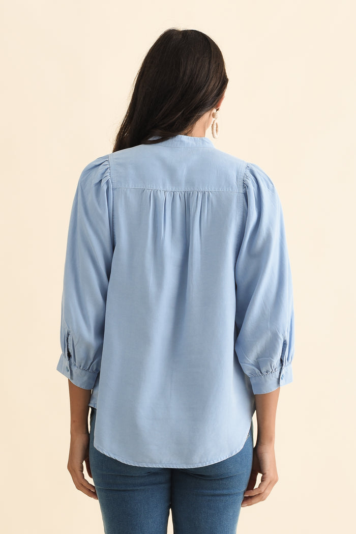 Rowan Blue Lyocell Puff Sleeve Shirt,Brunette model,alt text|model:Brontie