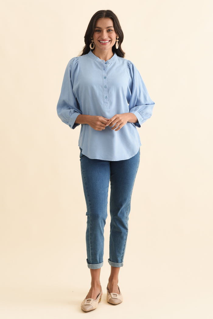 Rowan Blue Lyocell Puff Sleeve Shirt,Brunette model,alt text|model:Brontie