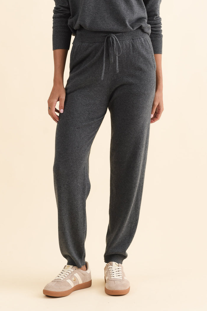 Rowan Charcoal Cotton Cashmere Knit Pants,Brunette model,alt text|model:Brontie