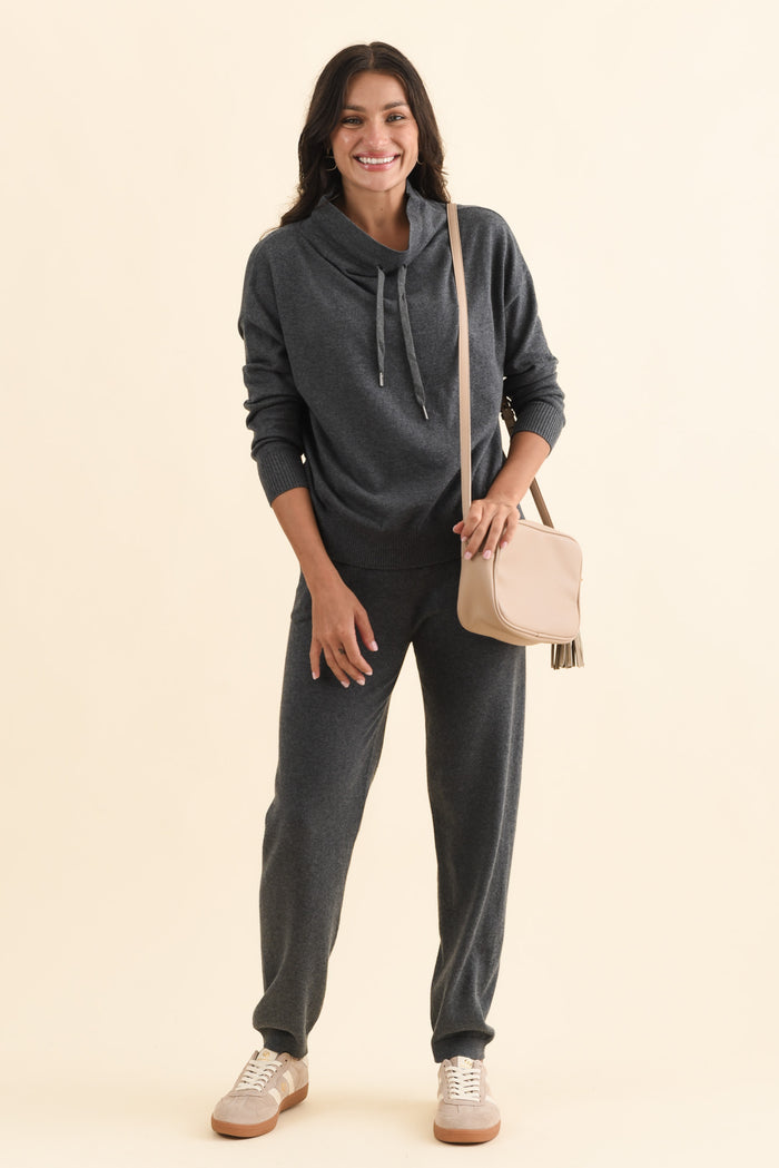 Rowan Charcoal Cotton Cashmere Knit Pants,Brunette model,alt text|model:Brontie