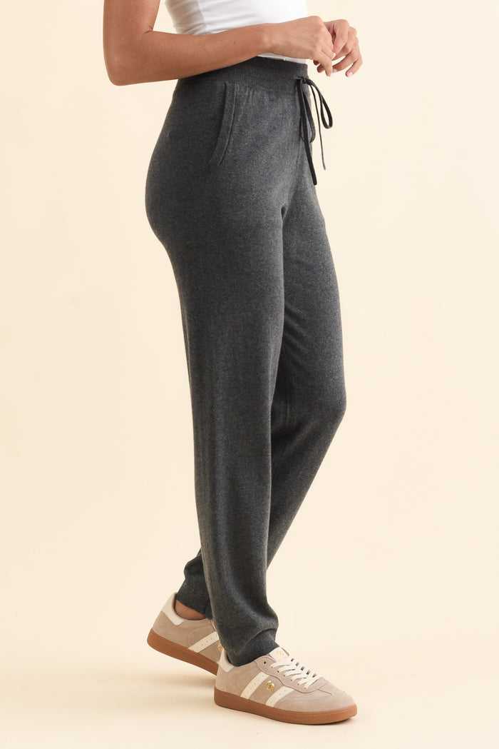 Rowan Charcoal Cotton Cashmere Knit Pants,Brunette model,alt text|model:Brontie