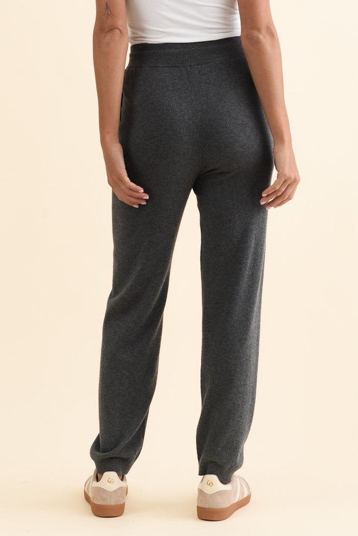 Rowan Charcoal Cotton Cashmere Knit Pants,Brunette model,alt text|model:Brontie