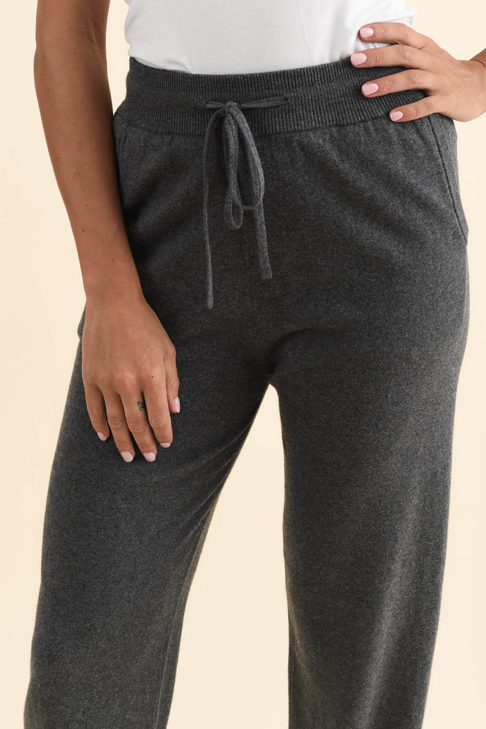 Rowan Charcoal Cotton Cashmere Knit Pants,Brunette model,alt text|model:Brontie