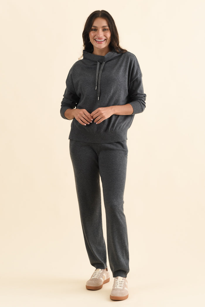 Rowan Charcoal Cotton Cashmere Knit Pants,Brunette model,alt text|model:Brontie