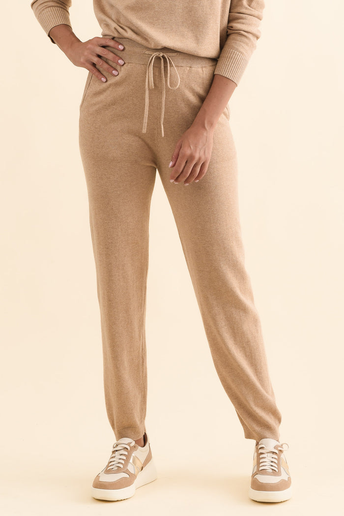 Rowan Cream Cotton Cashmere Knit Pants,Brunette model,alt text|model:Brontie