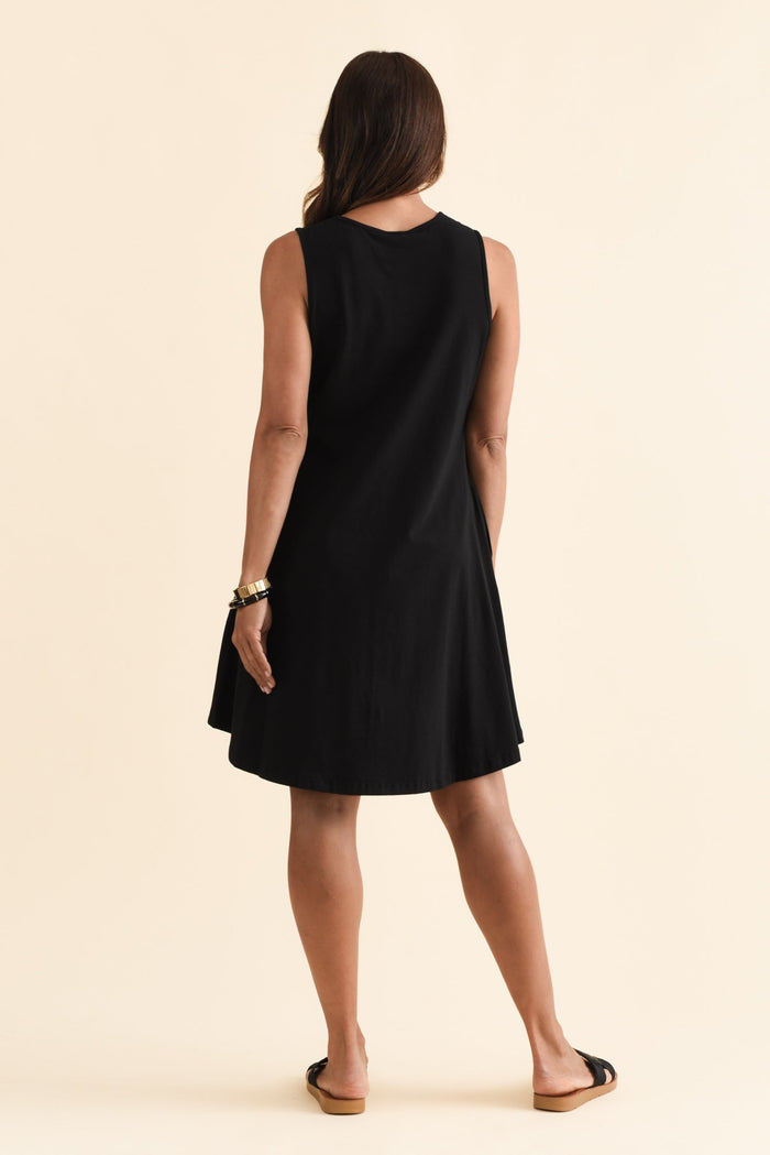 Roxanne Black Swing Dress,Brunette model,alt text|model:Cara
