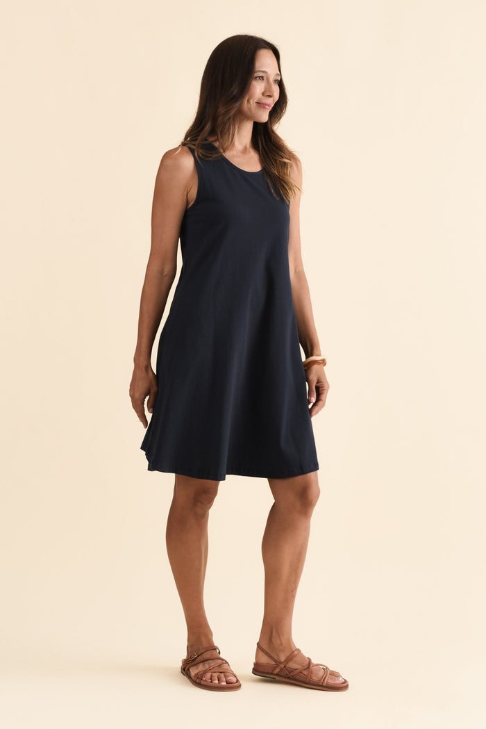 Roxanne Navy Swing Dress,Brunette model,alt text|model:Cara
