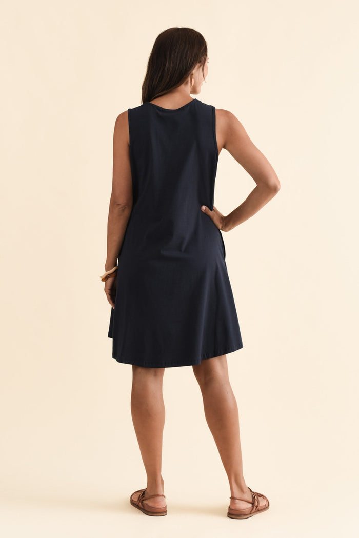 Roxanne Navy Swing Dress,Brunette model,alt text|model:Cara
