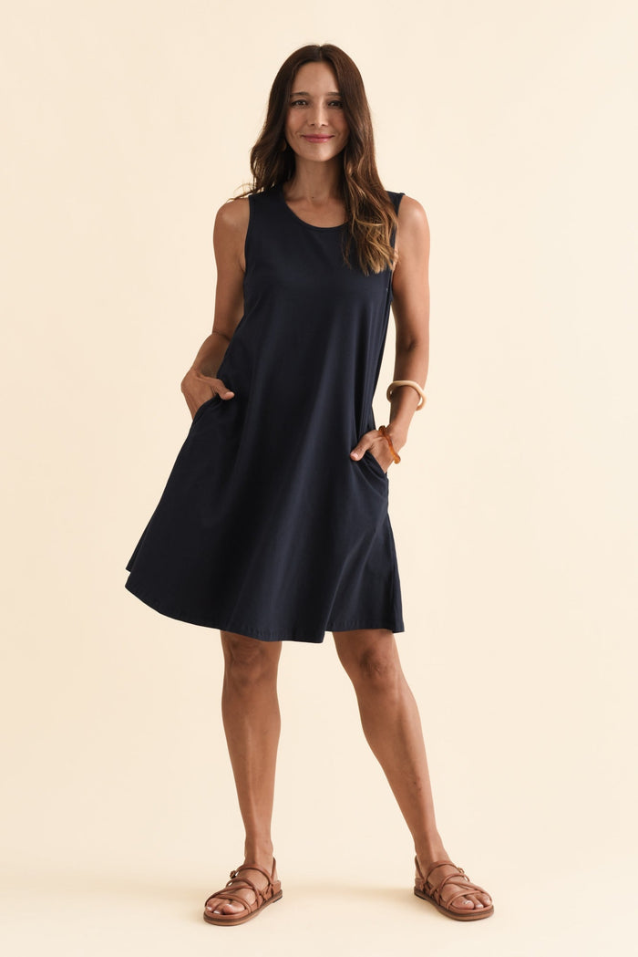 Roxanne Navy Swing Dress,Brunette model,alt text|model:Cara