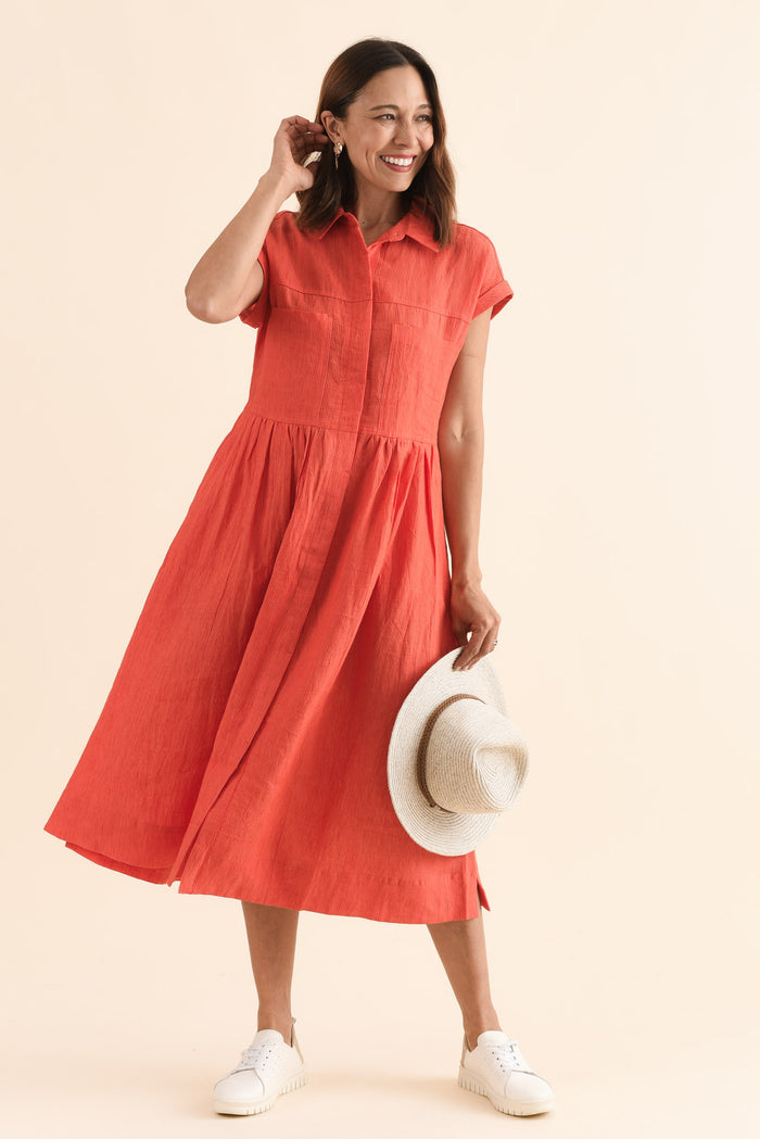 Ruben Orange Stripe Linen Shirt Dress,Front,Brunette model,alt text|model:Cara