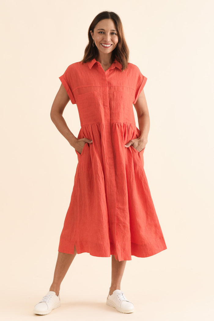 Ruben Orange Stripe Linen Shirt Dress,Full Body,Brunette model,alt text|model:Cara