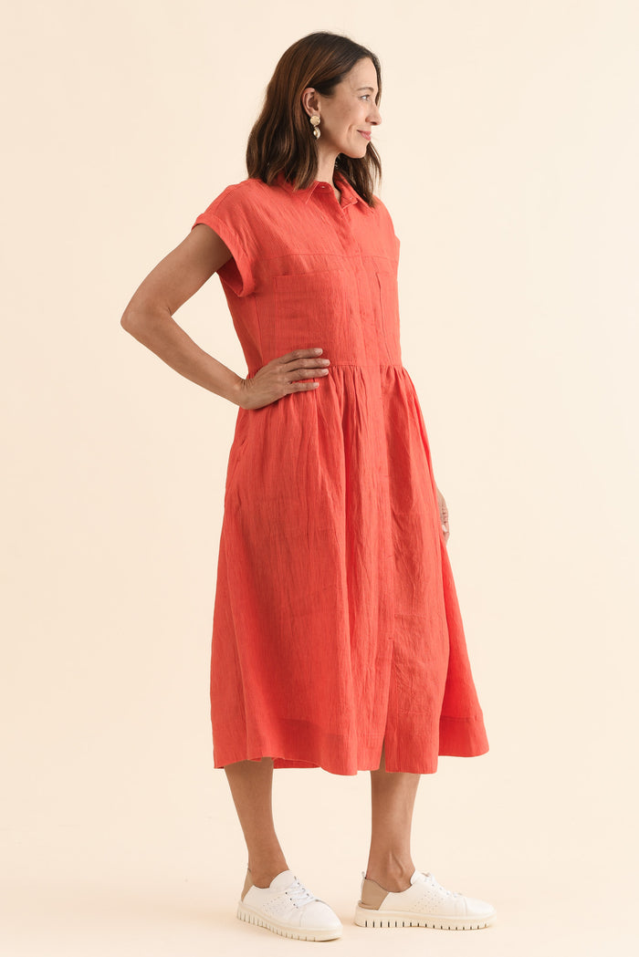 Ruben Orange Stripe Linen Shirt Dress,Side,Brunette model,alt text|model:Cara