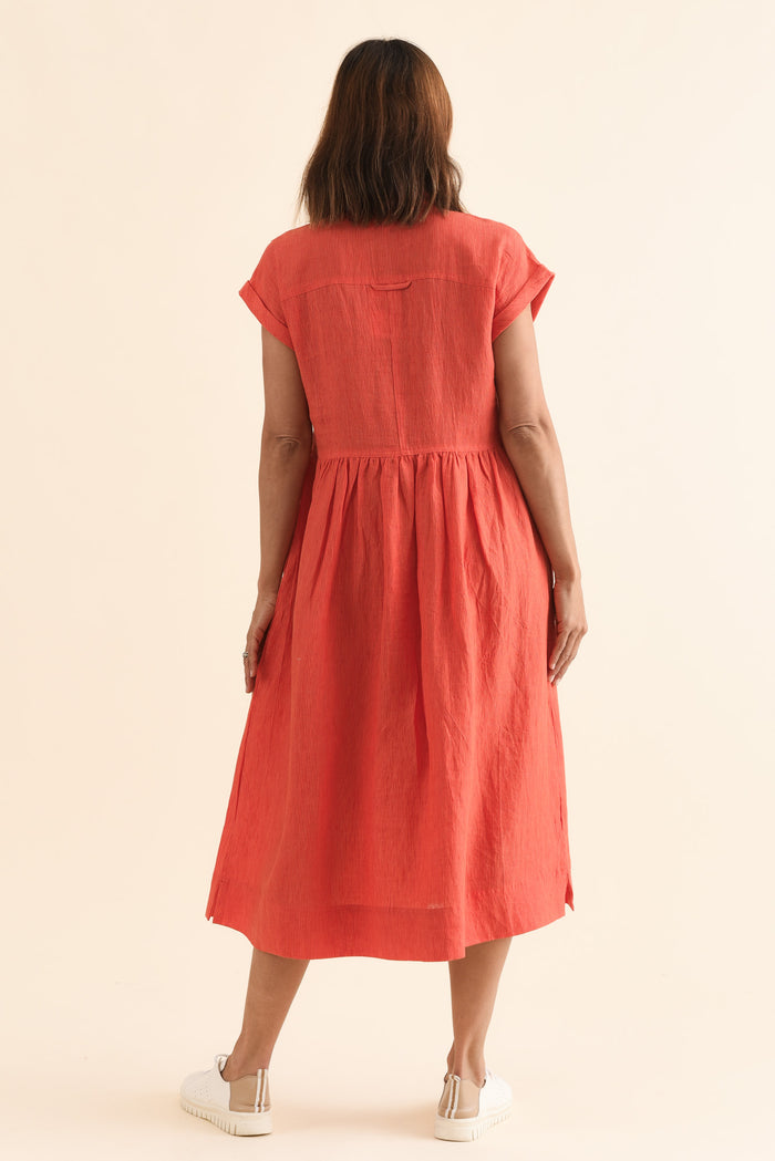 Ruben Orange Stripe Linen Shirt Dress,Back,Brunette model,alt text|model:Cara