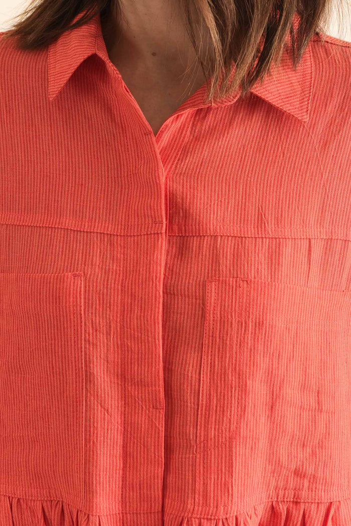 Ruben Orange Stripe Linen Shirt Dress,Detail,Brunette model,alt text|model:Cara