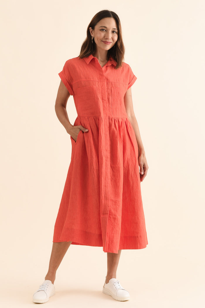 Ruben Orange Stripe Linen Shirt Dress,Full Body,Brunette model,alt text|model:Cara