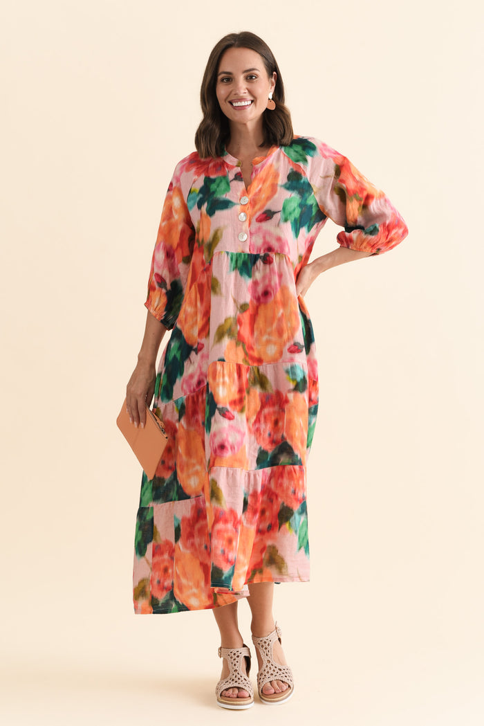 Ruthie Orange Floral Linen Button Dress,Brunette model,alt text|model:MJ