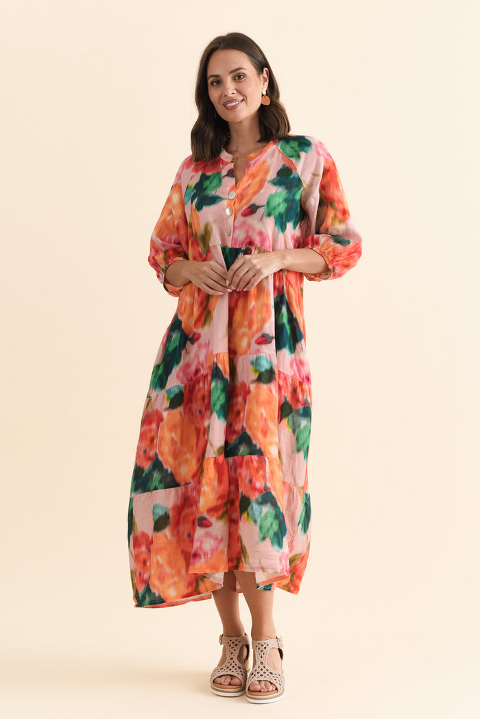Ruthie Orange Floral Linen Button Dress,Brunette model,alt text|model:MJ