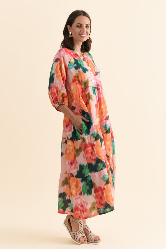 Ruthie Orange Floral Linen Button Dress,Brunette model,alt text|model:MJ