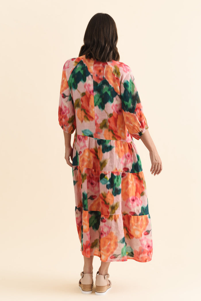 Ruthie Orange Floral Linen Button Dress,Brunette model,alt text|model:MJ