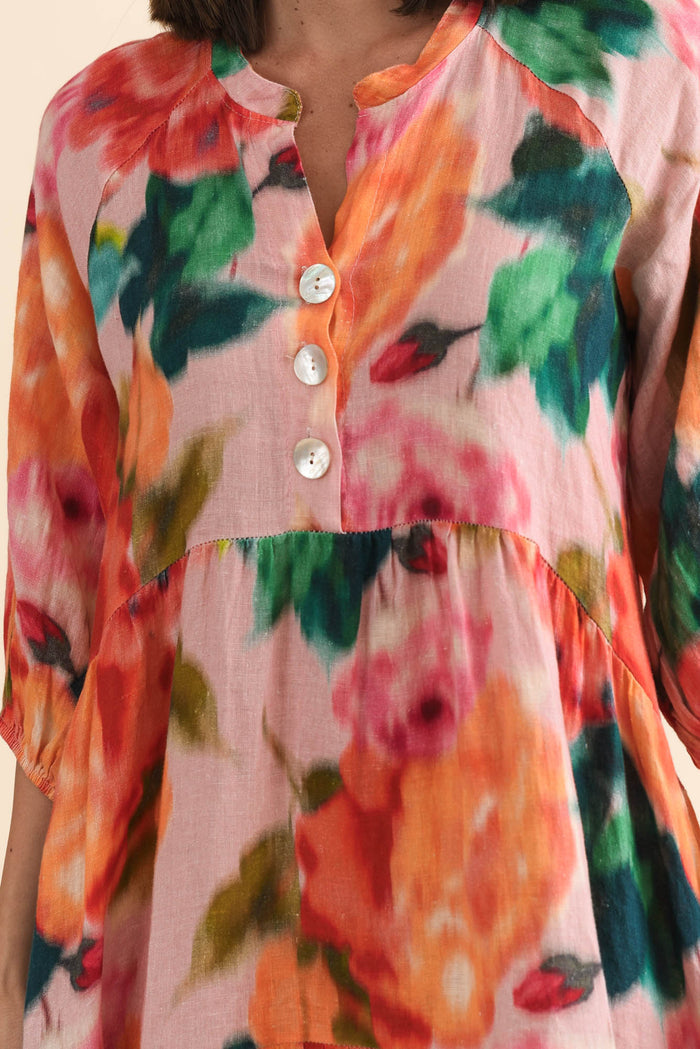 Ruthie Orange Floral Linen Button Dress,Brunette model,alt text|model:MJ