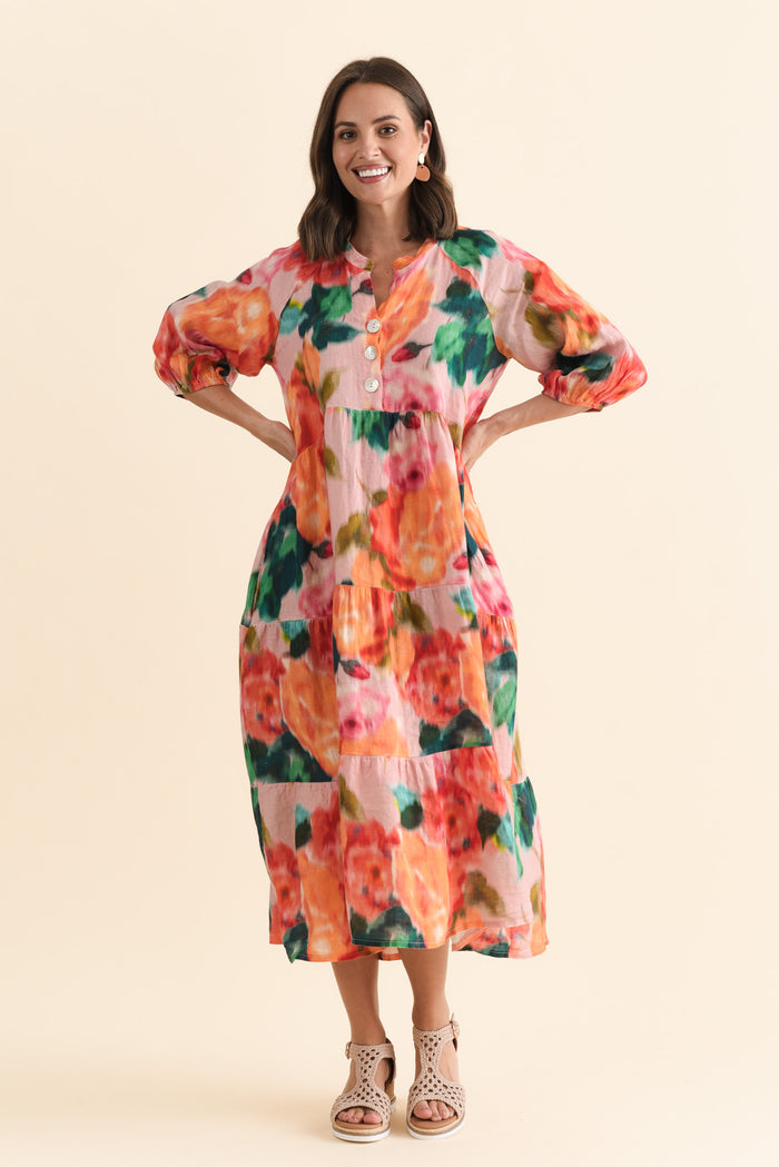 Ruthie Orange Floral Linen Button Dress,Brunette model,alt text|model:MJ