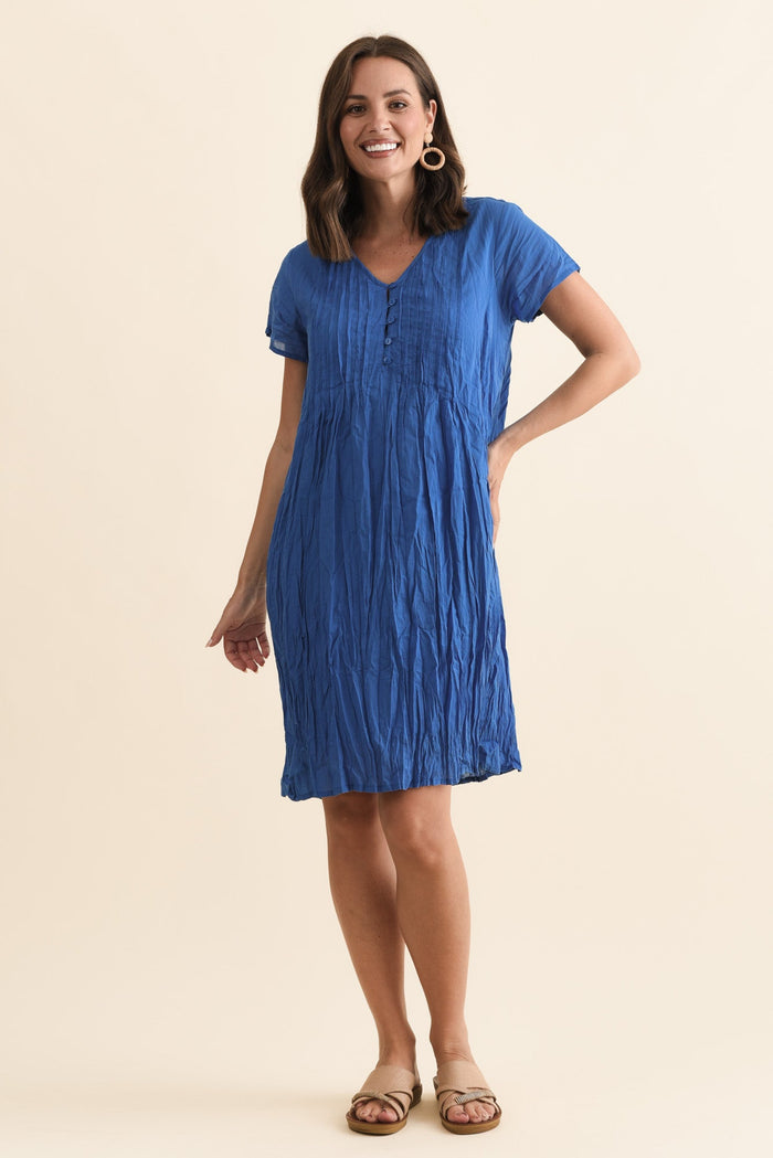 Sabina Blue Crinkle Cotton Dress,Brunette model,alt text|model:MJ