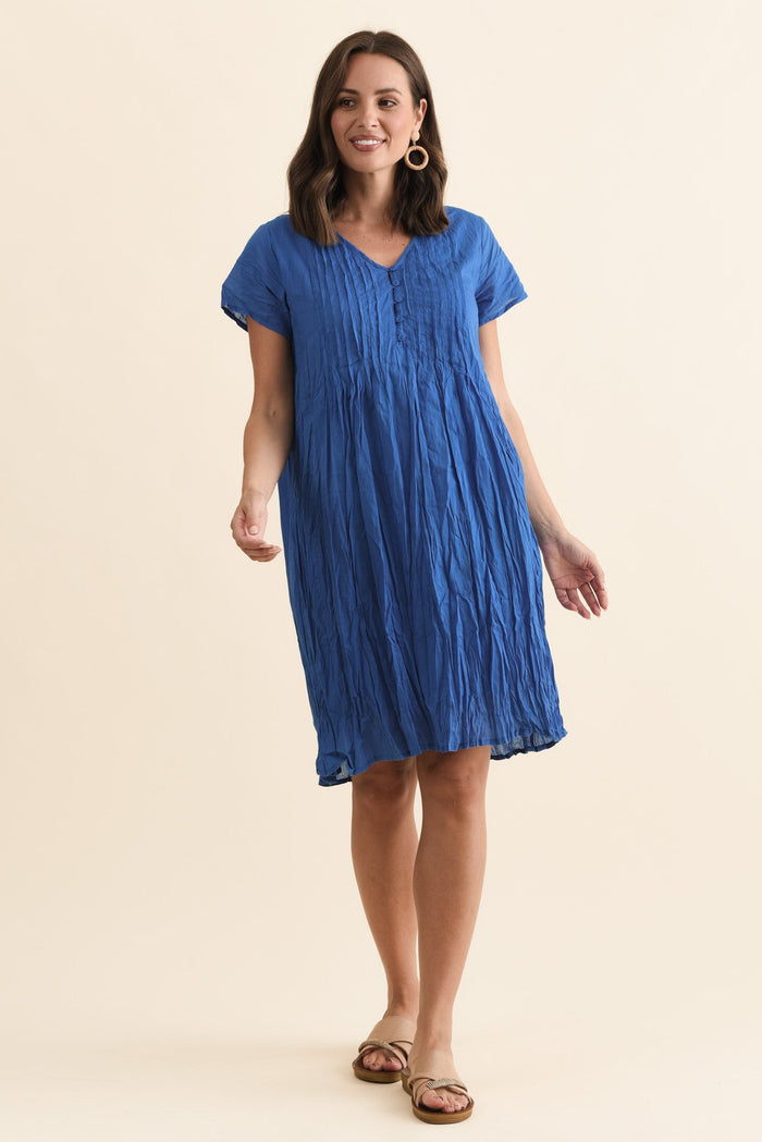 Sabina Blue Crinkle Cotton Dress,Brunette model,alt text|model:MJ